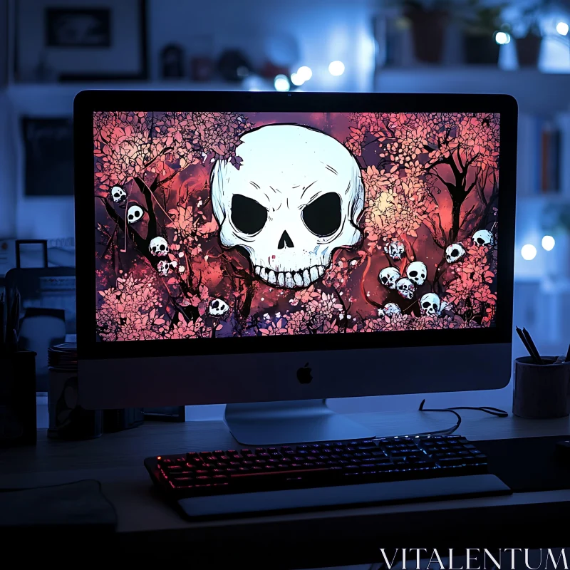 Digital Skull Art on Desktop Screen AI Image