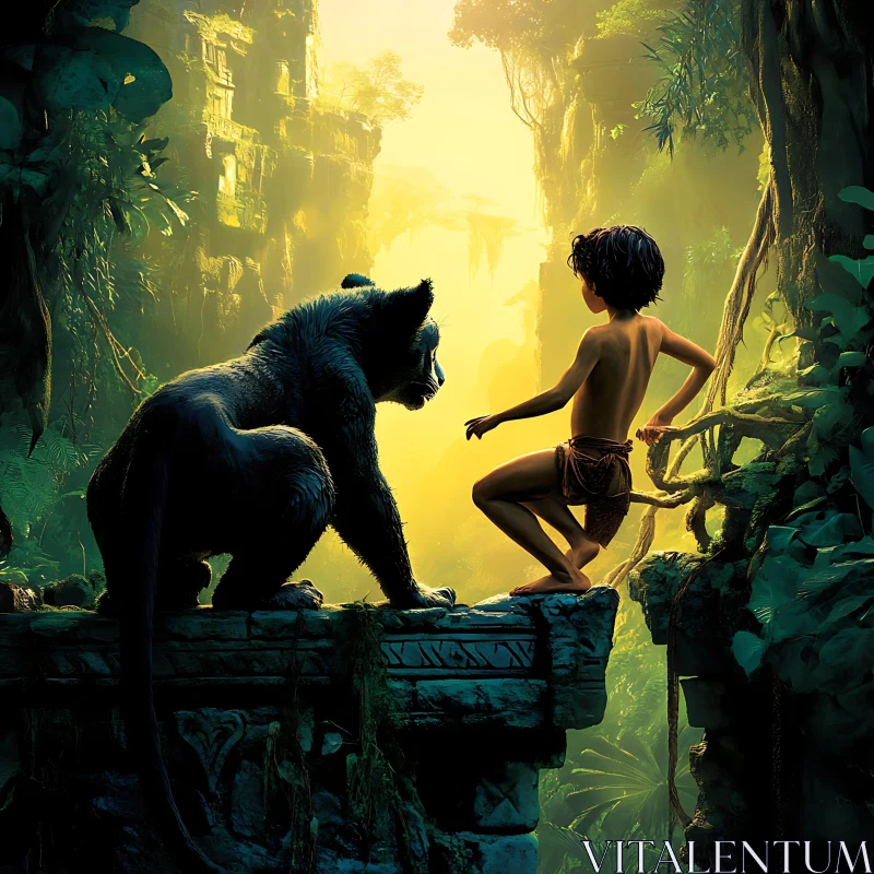 Boy and Panther in Jungle AI Image