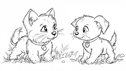 Illustrated Kitten and Puppy in Grassy Field