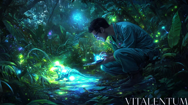 Futuristic Jungle Doctor and Bioluminescent Creature AI Image