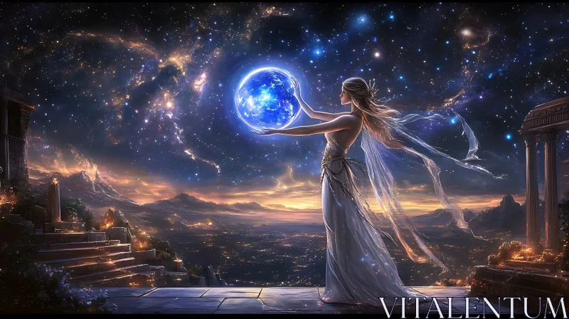 Woman with Magic Orb in Starry Night AI Image