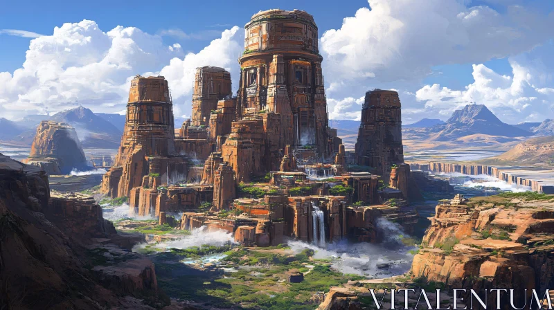 Ancient Towers in Mountainous Landscape AI Image