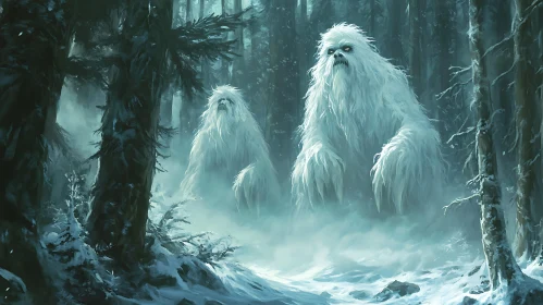 Snowy Forest with Mysterious Yetis