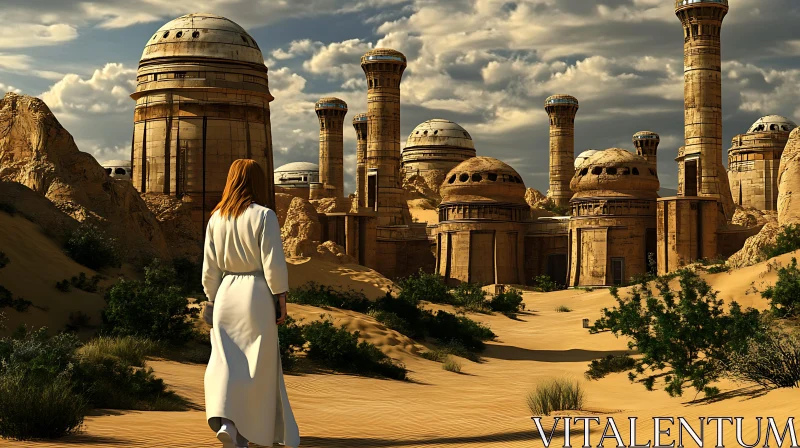 Woman in White Gown Walking in Desert AI Image