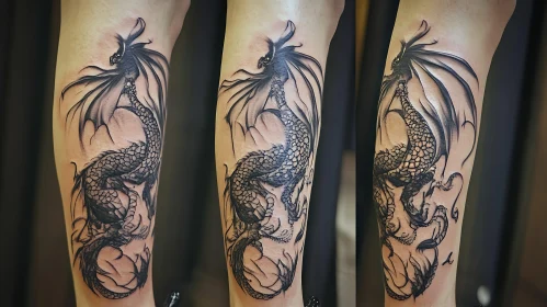 Black Ink Dragon Tattoo on Leg