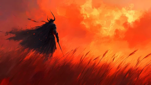 Dark Warrior in Orange Sunset Field