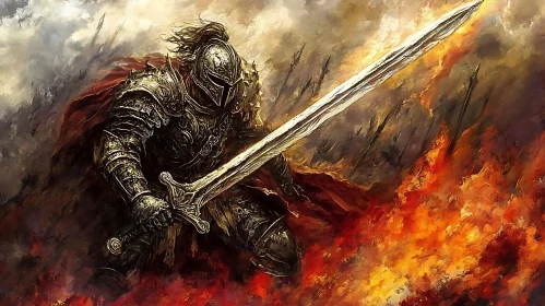 Fiery Battlefield Warrior with Sword