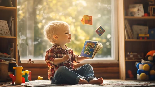 Little Boy Reading Book with Toys