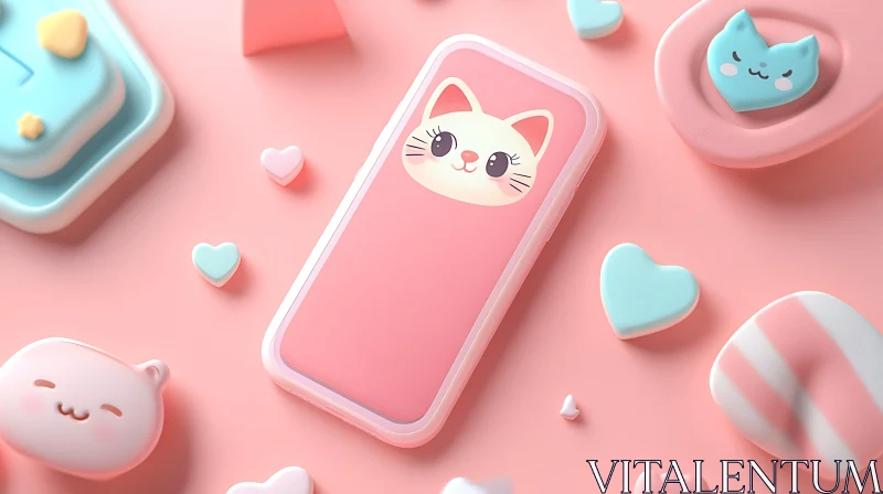 Pastel Cat Phone Case Composition AI Image