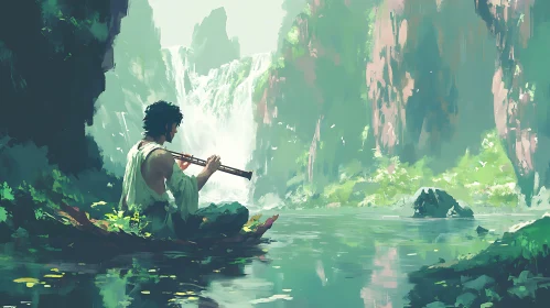 Man Playing Flute by Waterfall