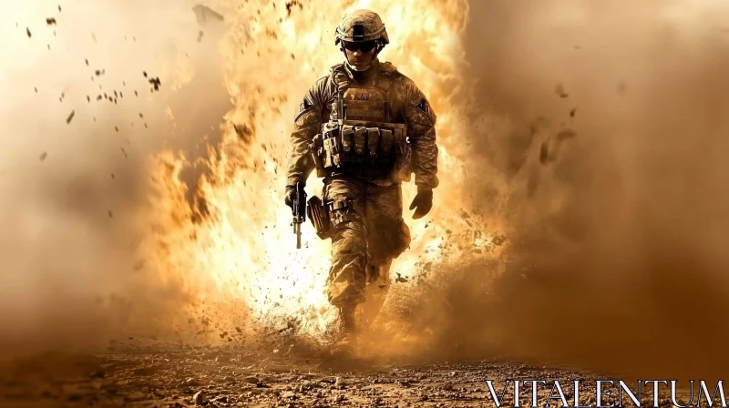 AI ART Soldier Walking Away From Explosion