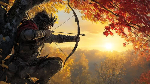 Forest Archer Aiming Bow in Sunlight