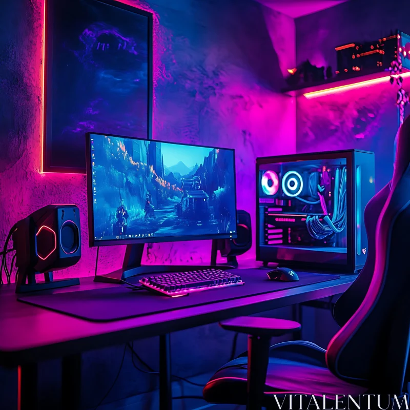 RGB Lit Gaming PC Setup with Pink and Purple Neon Lights AI Image