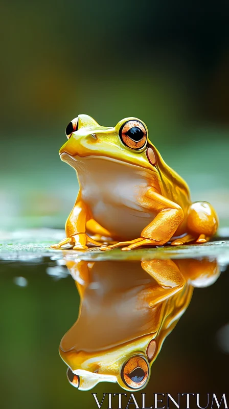 Frog on Pond with Clear Reflection AI Image