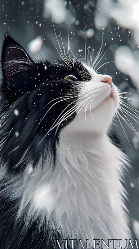 Cat Gazing in Winter Snowfall AI Image