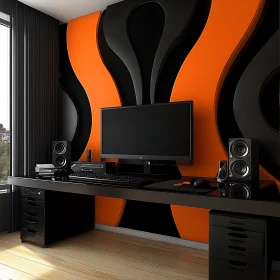 Stylish Workspace with Black and Orange Decor