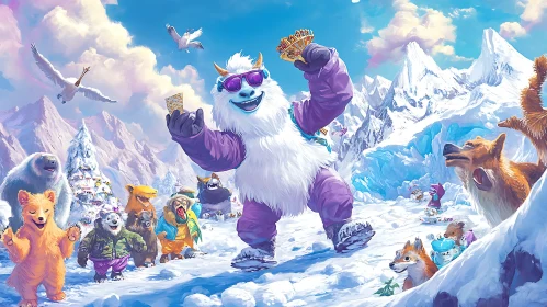 Cartoon Animals Celebrate with Yeti