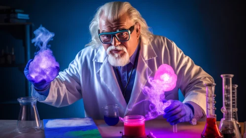 Elderly Scientist Conducting Colorful Liquid Experiments in Lab