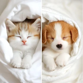 Cute Kitten and Puppy Sleeping Wrapped in Soft Blankets