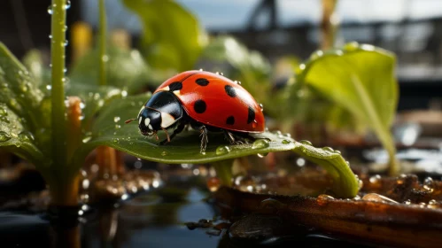 Ladybug Resting on Leaf amidst Water Backdrop