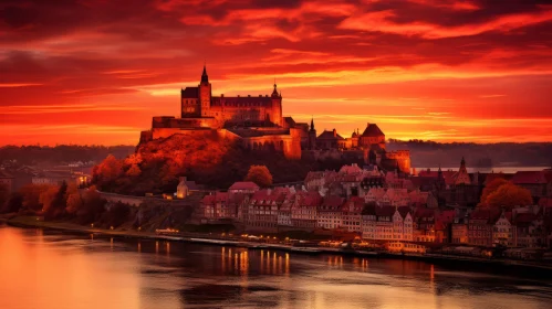 Majestic Castle on a River at Sunset with Dazzling Cityscapes