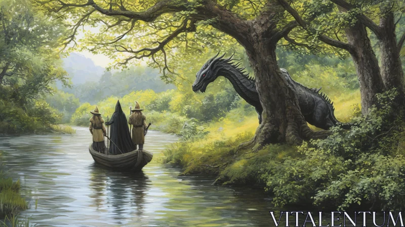 Mysterious Fantasy Digital Painting of Wizards and Dragon on a River AI Image