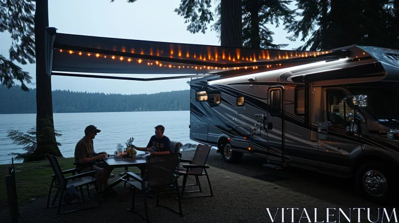 Night at the Lake: Couples and RV in Whistlerian Style AI Image
