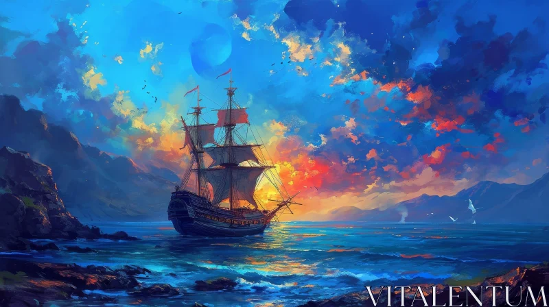 Serene Sunset Seascape Painting | Ship at Sea AI Image