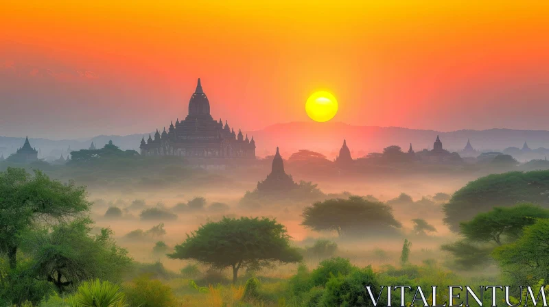 Sunrise in Myanmar: A Fantasy Landscape of Temples and Trees AI Image