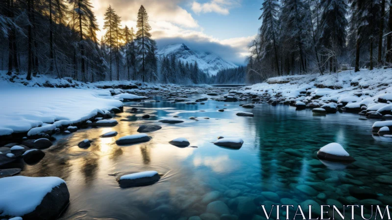 Winter Wonderland: Snowy Forest and Icy River Landscape AI Image