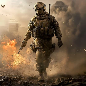 Soldier Striding Through Fire