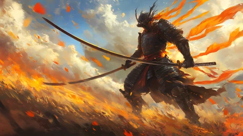 Armored Samurai in Fiery Landscape