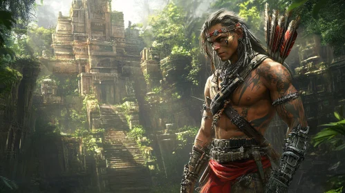 Tribal Warrior and Ancient Ruins