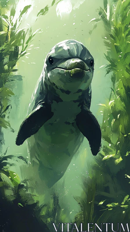 Underwater Dolphin and Seaweed AI Image