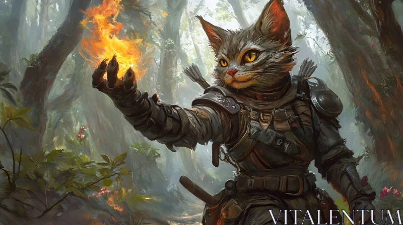 AI ART Armored Cat Mage Casting Fire Spell