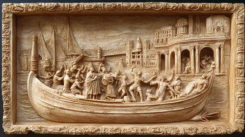 Sculpted Boat Approaching Ancient City