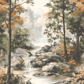 Peaceful Autumn Forest with Cascade