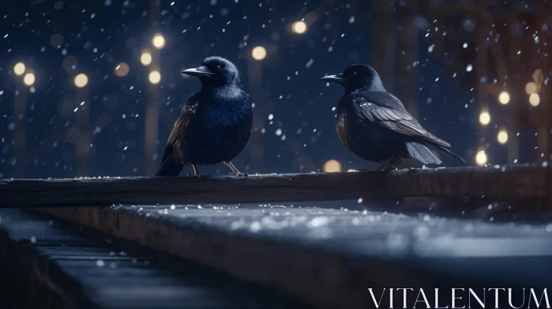 AI ART Two Birds in Winter Snowfall Night Scene