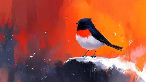 Abstract Bird Art with Snow and Orange