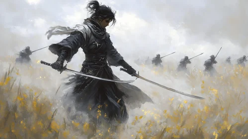 Samurai Swordsman in Golden Field