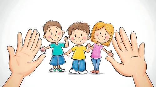 Happy Kids Illustration with Raised Hands