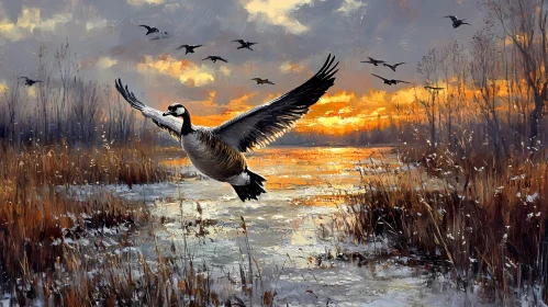 Marsh Landscape with Geese