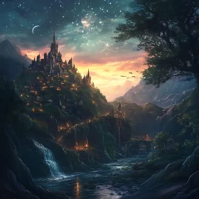 Magical Castle by the River at Night