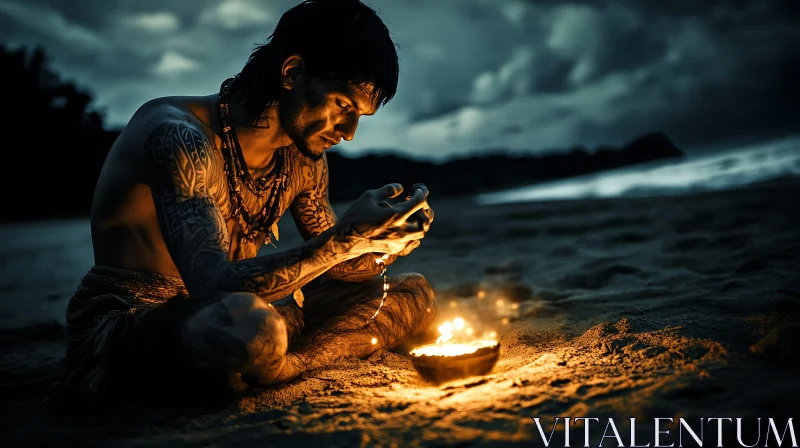 Tattooed Man and Glowing Bowl AI Image