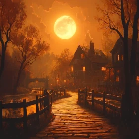 Autumnal Full Moon Over Village