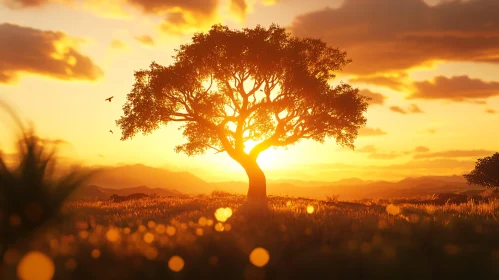 Golden Hour Landscape with Tree