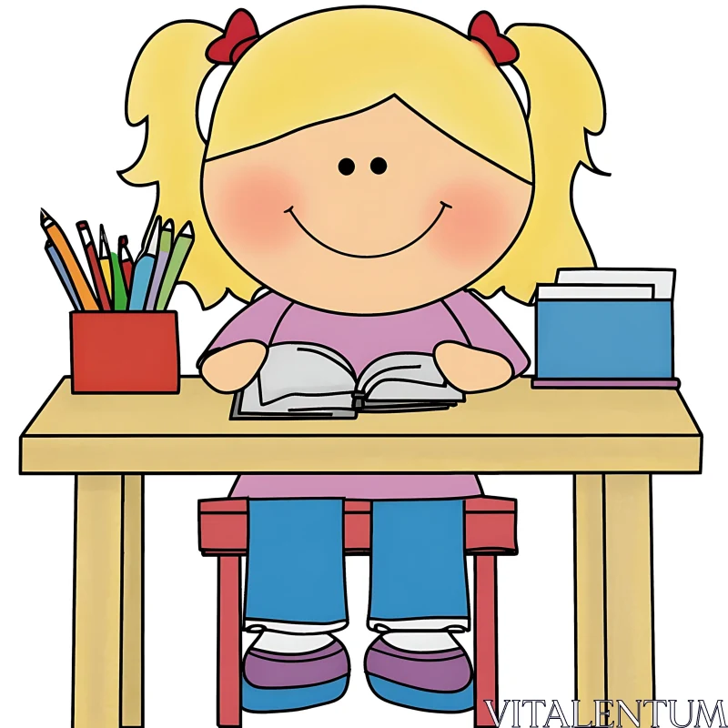 AI ART Cartoon Girl Studying at Desk