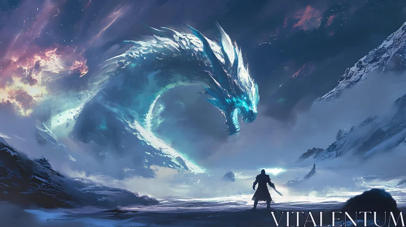 AI ART Warrior Confronts Ice Dragon in Snowy Realm