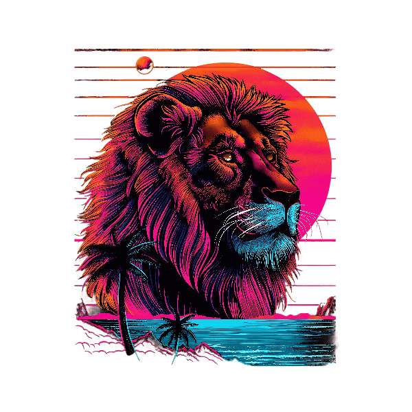 POD Design Retro Neon Lion with Tropical Sunset Design