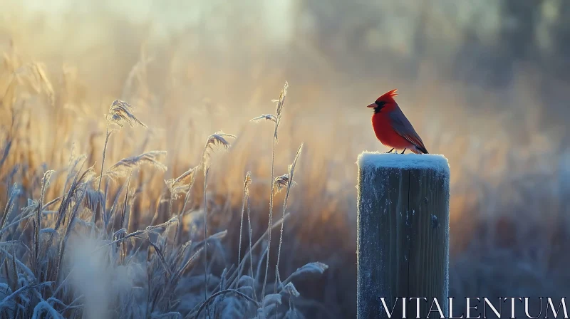 Red Bird on Snowy Post AI Image